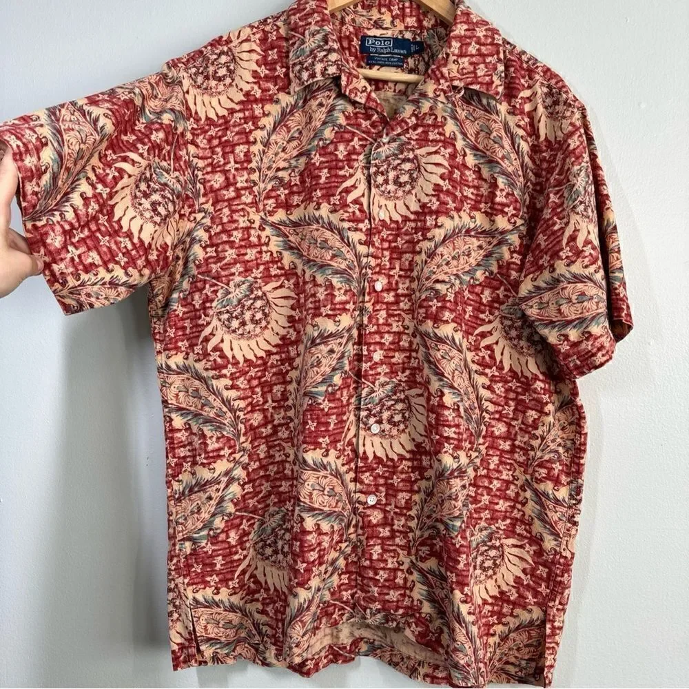 Polo Ralph Lauren Vintage Camp Shirt Men's L Linen Blend Pineapple Floral Red